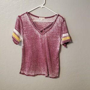 Ultra Flirt Junior's Crisscross V Neck Maroon T-Shirt Medium